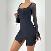 Long sleeve slit mesh square neck mini dress