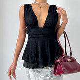 V neck ruched sleeveless lace top