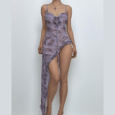 Mesh self tie print high slit ruffle cami maxi dress