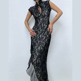 Irregular hollow out self tie zip-up lace cut out midi dress