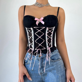 Bowknot button corset lace hem cami top
