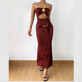 Hollow out ruched slit solid tube cut out maxi dress