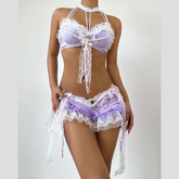 Halter bowknot cross applique beaded lace hem top