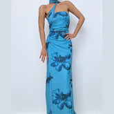 Halter ruched print irregular maxi dress