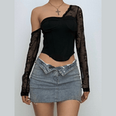 One shoulder long sleeve patchwork lace top