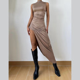 Irregular ruched zip-up crewneck slit midi dress