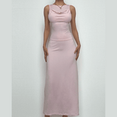 Cowl neck ruched solid tank maxi dress