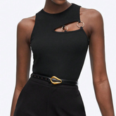 Crewneck o ring hollow out irregular black cut out top