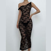 Irregular lace slit see through solid midi dress-final-sale