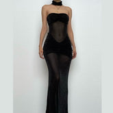 Sweetheart neck ruched see through glitter tube maxi dress