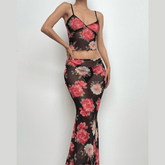 Sheer mesh flower print ruffle v neck cami skirt set