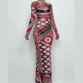 Long sleeve ruffle abstract mesh maxi dress-final-sale