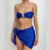 Solid o ring backless knotted tube 3 piece swimwear