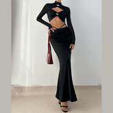 Long sleeve high neck hollow out cut out maxi dress