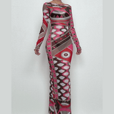 Long sleeve ruffle abstract mesh maxi dress