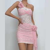 One shoulder lace mesh flower applique mini dress