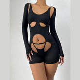Long sleeve hollow out u neck gloves romper
