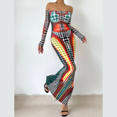 Polka dot thermal contrast off shoulder long sleeve backless maxi dress