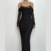 Patchwork lace mesh long sleeve zip-up slit solid maxi dress-final-sale