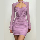 Hollow out ruched mesh long sleeve zip-up button cut out mini dress