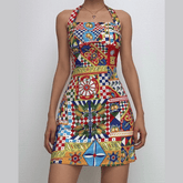Halter print contrast knotted mini dress
