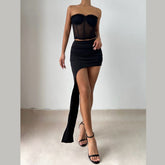 Irregular ruffle ruched tube mini skirt set