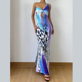 One shoulder leopard print ruched hollow out cut out midi dress