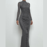 Long sleeve ruched mesh patchwork maxi dress-final-sale