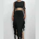 Sleeveless ruffle irregular solid maxi skirt set-final-sale