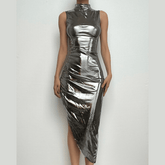 Metallic irregular high neck sleeveless ruched midi dress