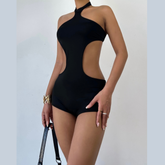 Halter button hollow out backless romper