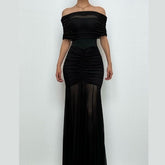 Off shoulder ruched mesh patchwork solid maxi dress