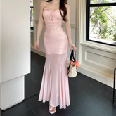 Mesh ruffle beaded ruched cami maxi dress