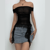 Off shoulder sheer mesh ruffle top