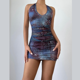 Self tie halter deep v neck print ruched mini dress