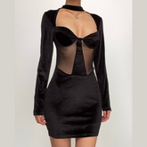 Long sleeve high neck velvet patchwork mesh mini dress