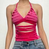 Hollow out self tie halter backless v neck crop top-final-sale