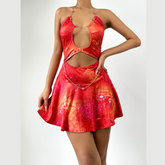Metal chain halter hollow out print cut out mini dress