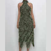 Halter high neck contrast textured backless midi dress-final-sale