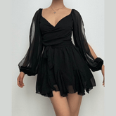 Long puff sleeve mesh print ruched mini dress