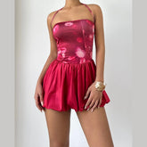 Halter flower print self tie ruched mini dress