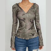 Camouflage contrast hoodie button long sleeve top-final-sale