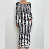 Long sleeve polka dot u neck contrast midi dress-final-sale
