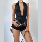 Deep v neck self tie solid romper