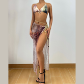 Halter contrast self tie 3 piece bikini swimwear