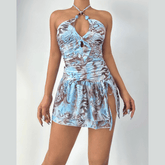 Cross front self tie halter ruched print mini dress
