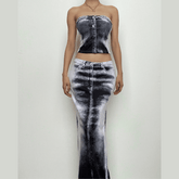 Contrast denim print slit backless tube maxi skirt set-final-sale