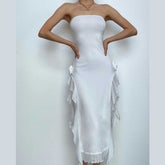 Flower applique solid backless ribbon slit tube maxi dress