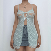 Lace mesh patchwork knotted solid cami top