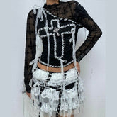 Long sleeve lace hem mesh cross pattern top